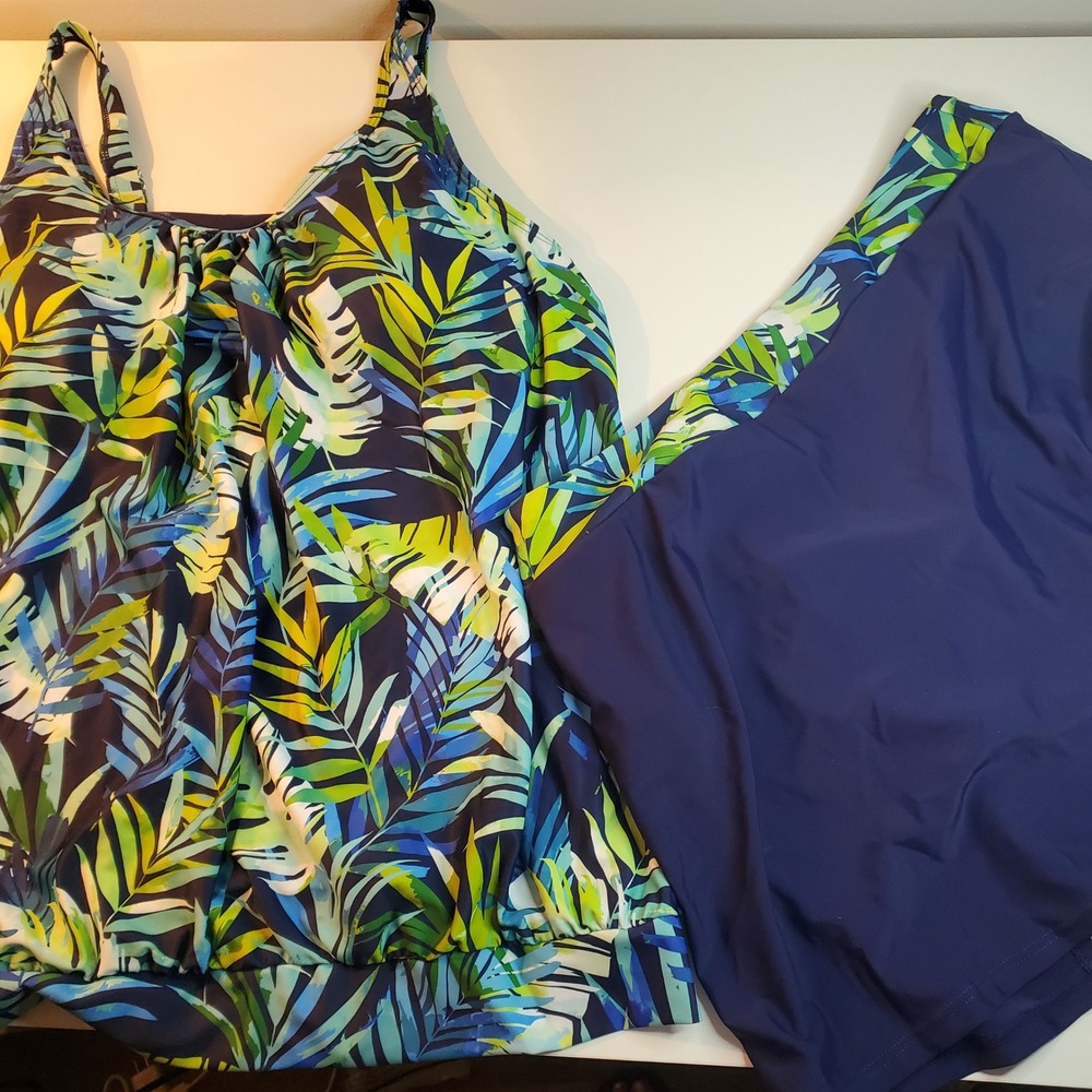 Yonique Tropical Palm Tankini Set Blue Green Swim Skirt Two Piece NWT